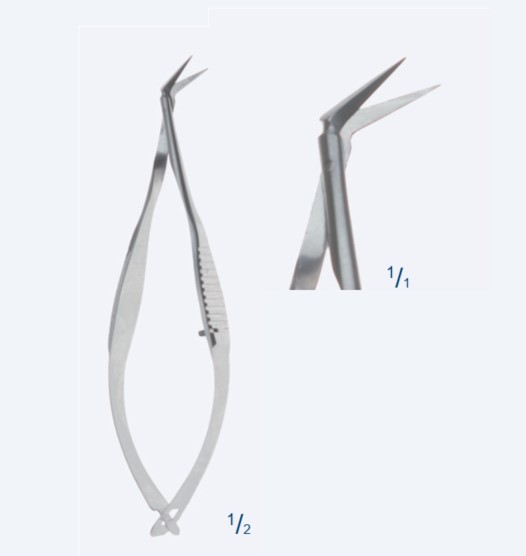 Ножиці, хірургічні, "Vannas", мікро, довжина лез 8 мм, вигнуті, вбік, гострокінцеві, загальна довжина 85 мм, 3 1/4"